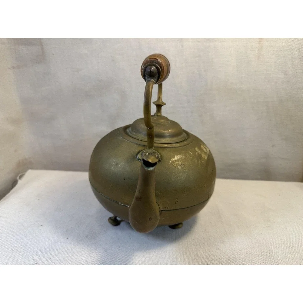 Antique‎ Brass Teapot with Amber Handle, Footed Round Kettle, Vintage